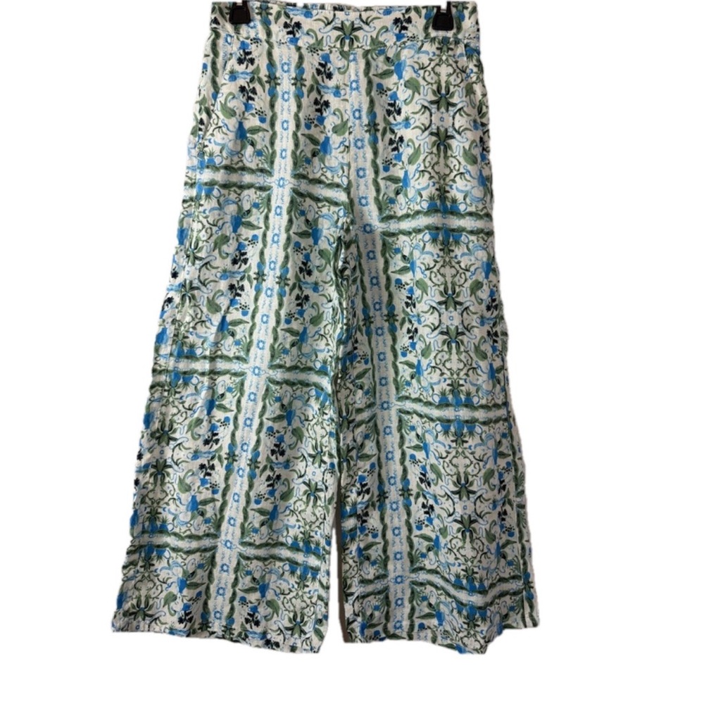 Joie Floral Print Blue Cream100% Linen Beach Pocket Wide Leg Cropped Pants Sz S